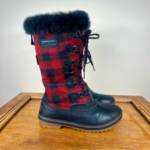 L.L. Bean Wool Tall Winter Boots Buffalo Plaid Black Red Size 6